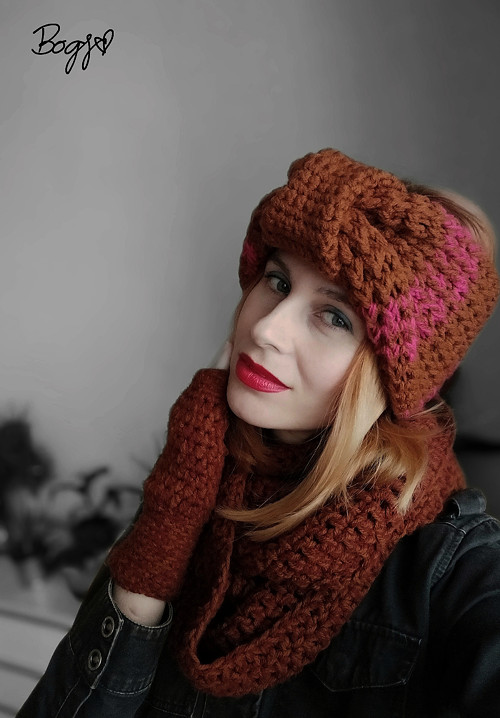 Zimní silná teplá dvojitá maxi čelenka, hnědá
