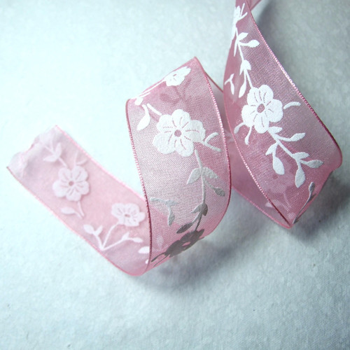 Stuha šifónová s květy, š. 2,5 cm - růžová