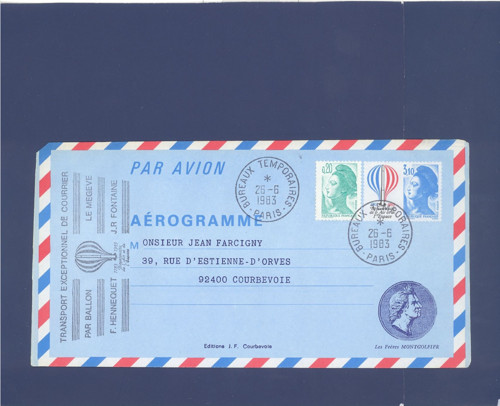 Aerogram přepravený balónem Francie - celistvost