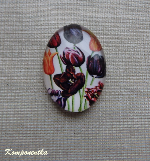 Skleněný kabošon s tulipány 18x25mm