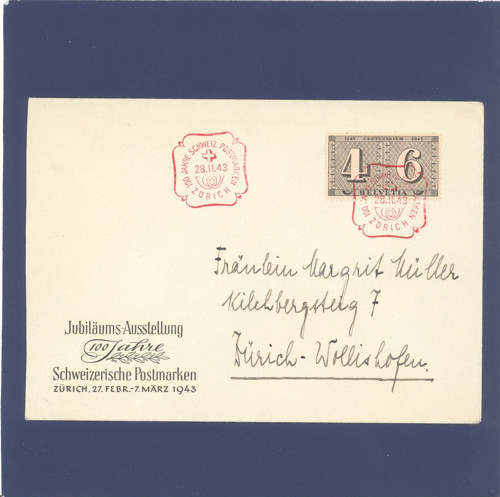 Výročí 100 let švýcarské známky, 1943, celistvost