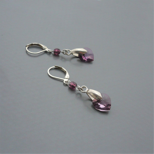 Fialové Swarovski srdce - náušnice
