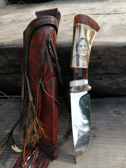 Nůž, scrimshaw Sitting Bull