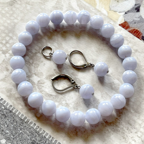 Set náramek, naušnice,přívěšek chalcedon čipkovaný