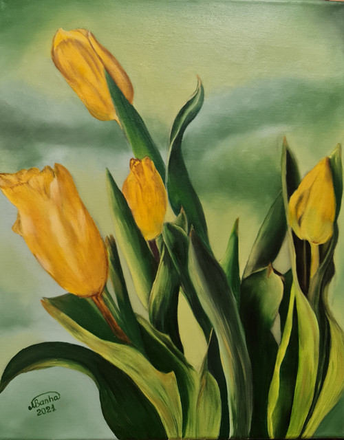 Ručně malovaný obraz žluté tulipány, olejomalba n