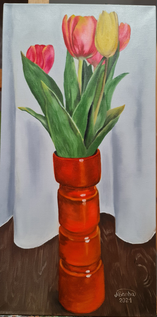 Ručně malovaný obraz tulipány ve vaze, olejomalba