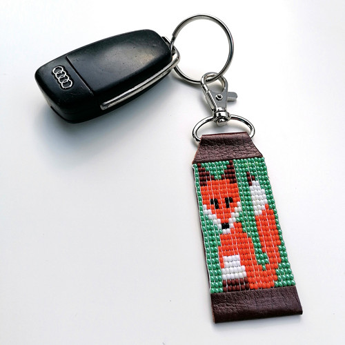 Red Fox-Leather Beaded Keychain