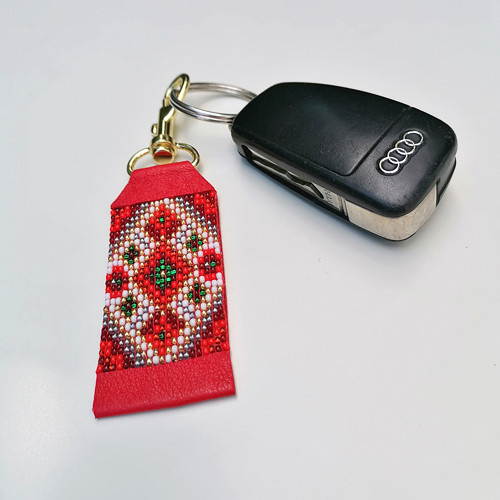 Native American-Red Leather Beaded Keychain