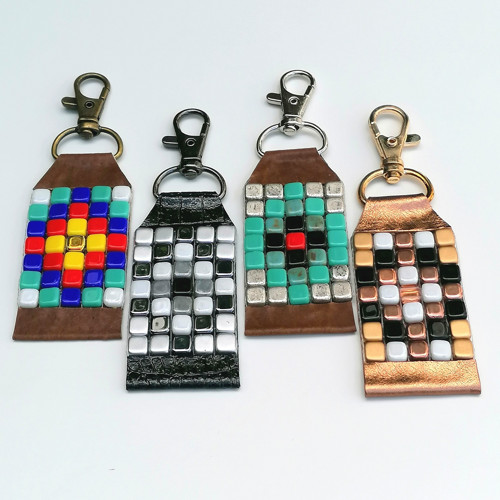 Native American Mosaic-Leather Beaded Keychain