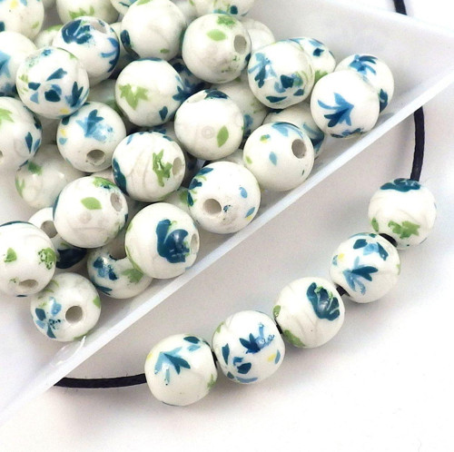 Porcelánové korálky 8mm s kvítky, 4 kusy