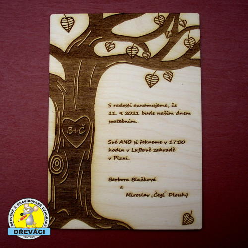 Dřevěné Svatební oznámení z vlastní grafiky