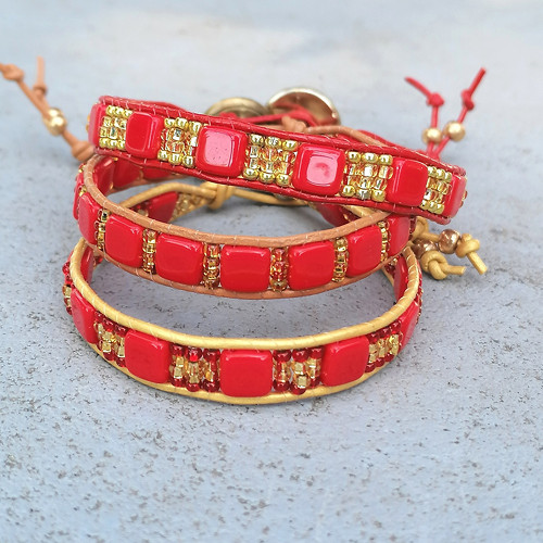 Red Tile Beads-Leather Wrap Bracelet
