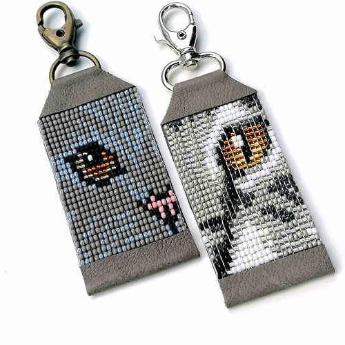 Gray Tabby Cat-Leather Beaded Keychain