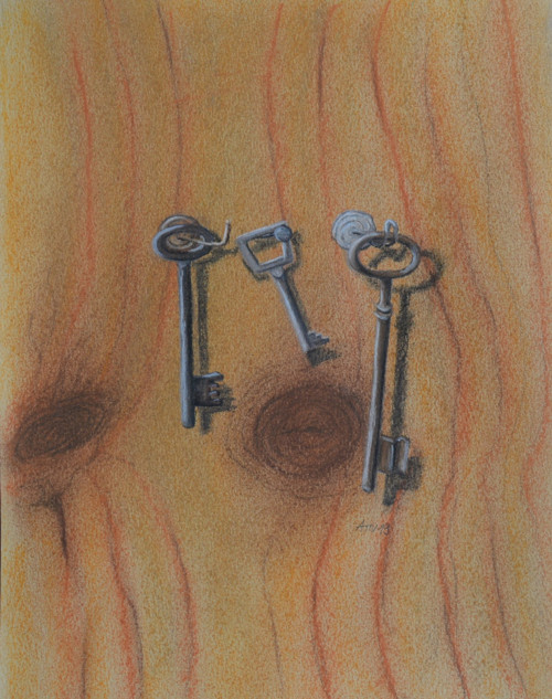 Originál suchý pastel - Klíče, 17 x 22 cm