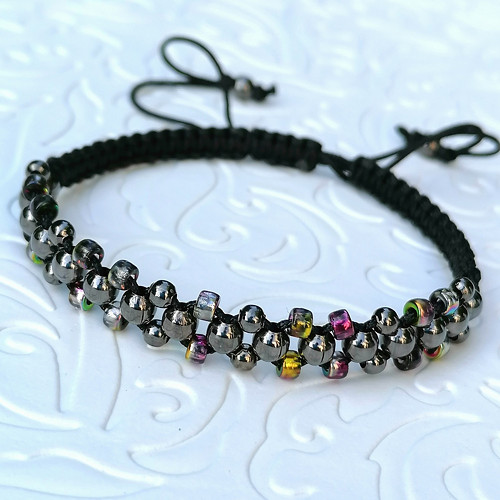 Gun Metal Balls-Black Macrame Bracelet