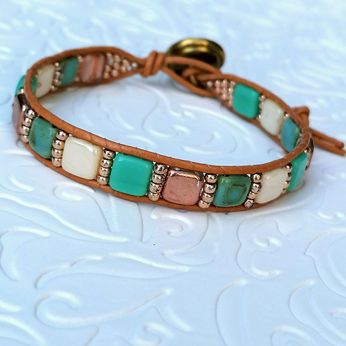 Turquoise Tile Beads-Boho Leather Wrap Bracelet