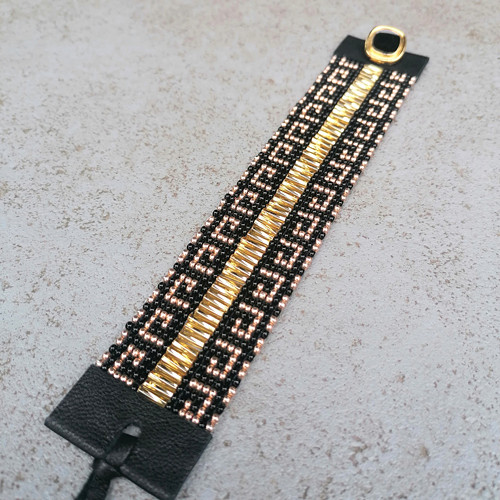 Greek Key Black&Gold Sparkly Beaded Bracelet
