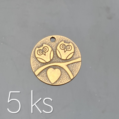 Dvě sovy - penízek bronz 25 mm, 5 ks