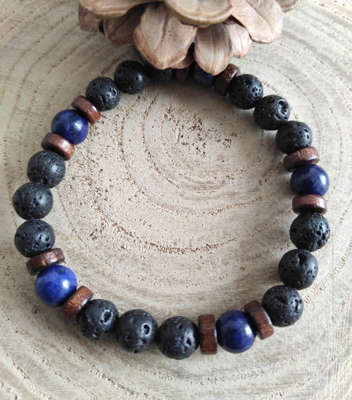 Minerální náramek - Lapis Lazuli, láva, dřevo