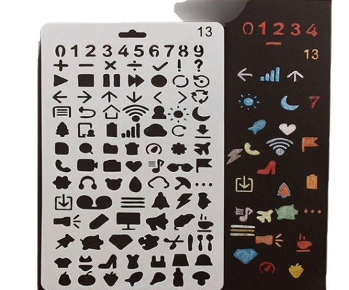 Plastová šablona s motivem číslic, ikon, emoji,