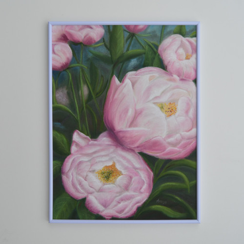 Originál suchý pastel- Pivoňky- 30 x 40 cm, v rámu