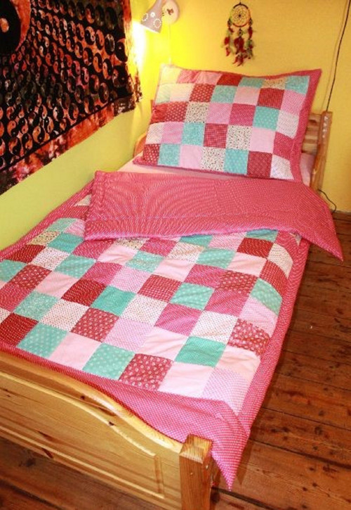 Set přikrývky, přehozu malinová tyrkys patchwork