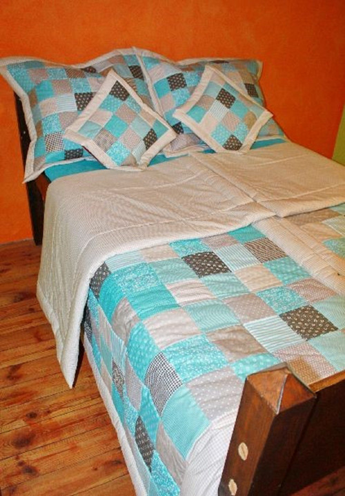 Přikrývka, přehoz tyrkysovo šedý patchwork — foto 1