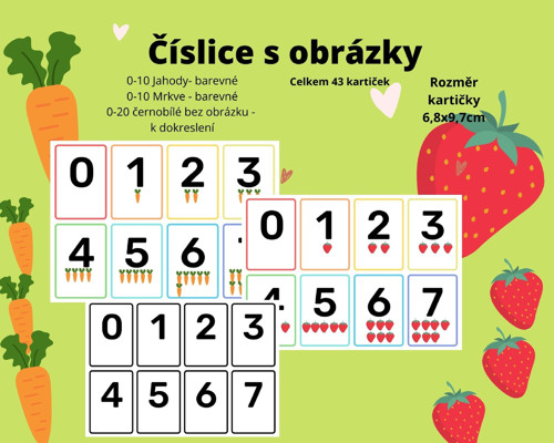 Kartičky s čísly a obrázky Mrkve a Jahody
