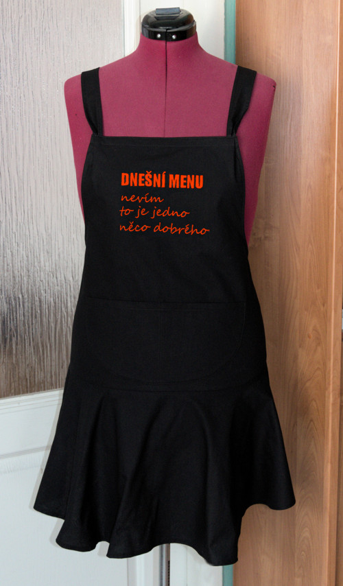 Černá zástěra retro - dnešní menu červený nápis