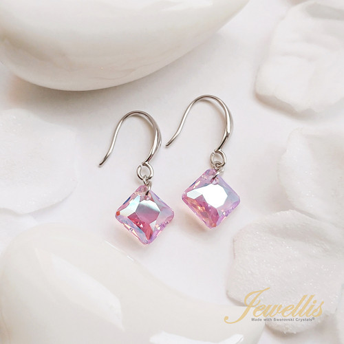 Ocelové náušnice kosočtverec Swarovski -Light Rose
