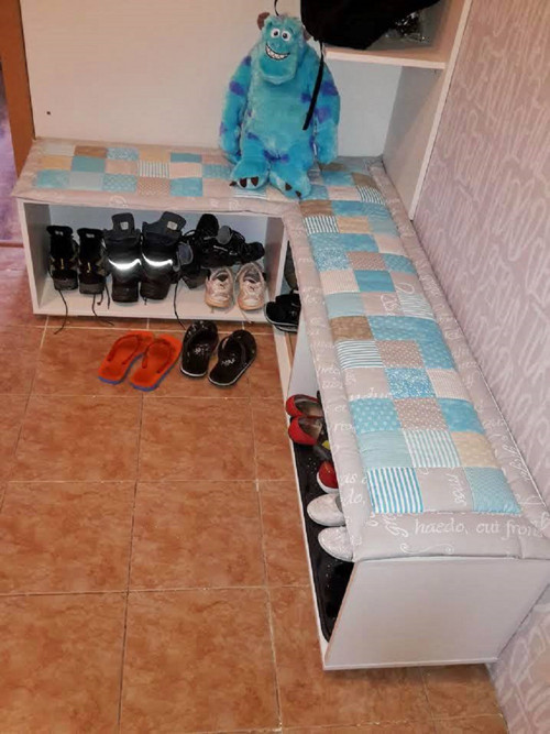 Sedák na lavici, modro šedý patchwork — foto 1