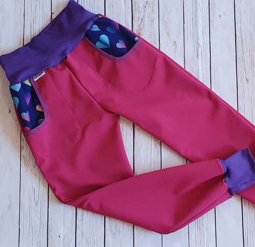 Dětské zimní softshellové kalhoty-růžová/srdíčka