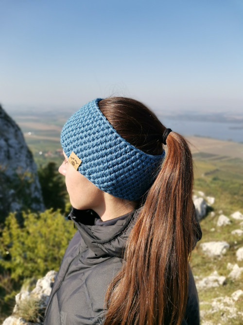Modro - šedá háčkovaná merino čelenka