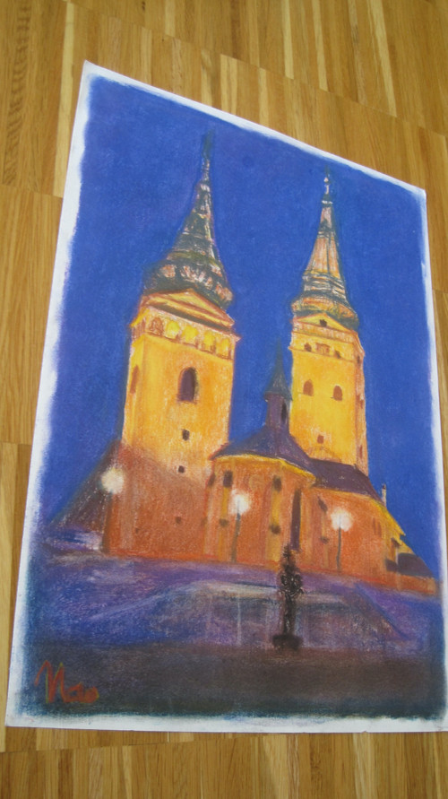 Noční Žilina, originál malby pastel A3
