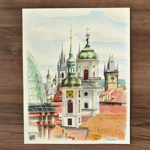 Akvarel "Pražské střechy"