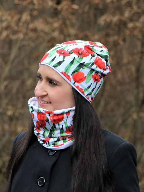 Tulipány biele set - čiapka + nákrčník