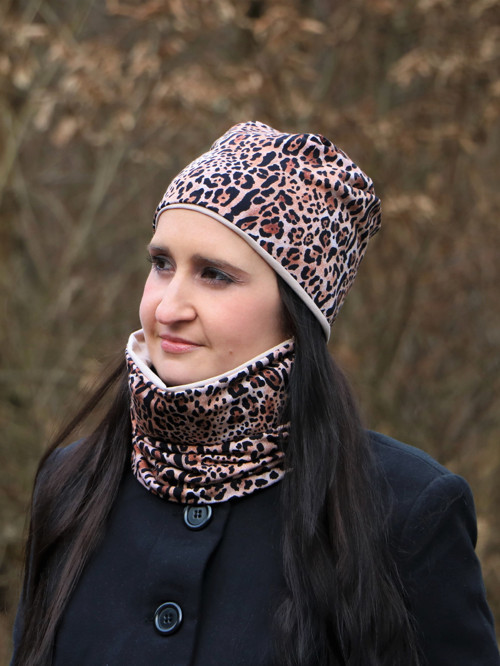 Leopard úpletový set čiapka + nákrčník