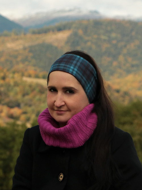 Úpletová čelenka káro tyrkys