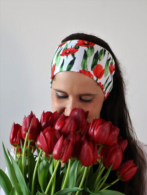 Úpletová čelenka tulipány biela