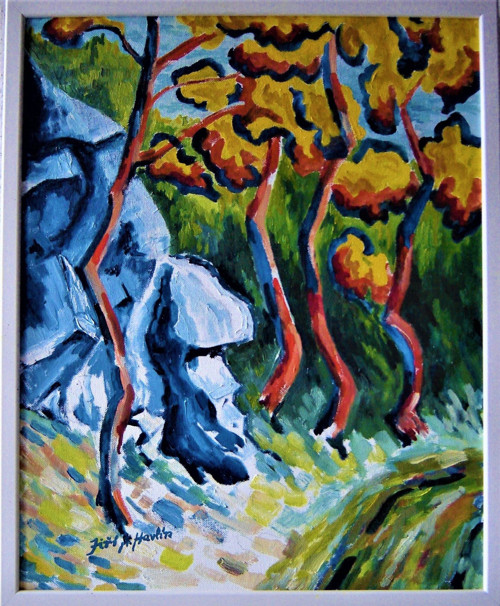 "Skála u lesní cesty" olej na plátně 50x40 cm