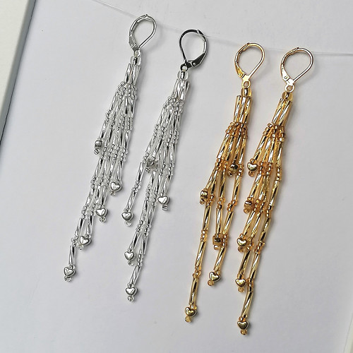 Gold Heart-Long Dangle Beaded Earrings