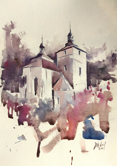 Kostel sv. Štěpána v Kouřimi, Akvarel or. Dlabal
