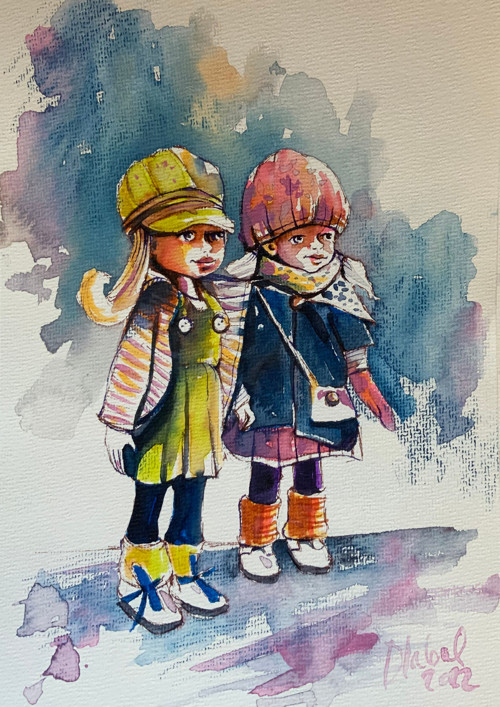 Ilustrace-Dvě holčičky / originální akvarel Dlabal