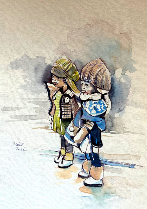 Ilustrace-Dvě holčičky / originální akvarel Dlabal