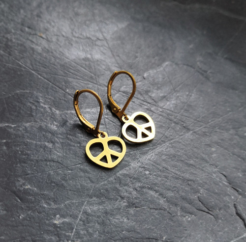 Ocelové náušnice*peace*symbol míru*srdíčka*zlatá