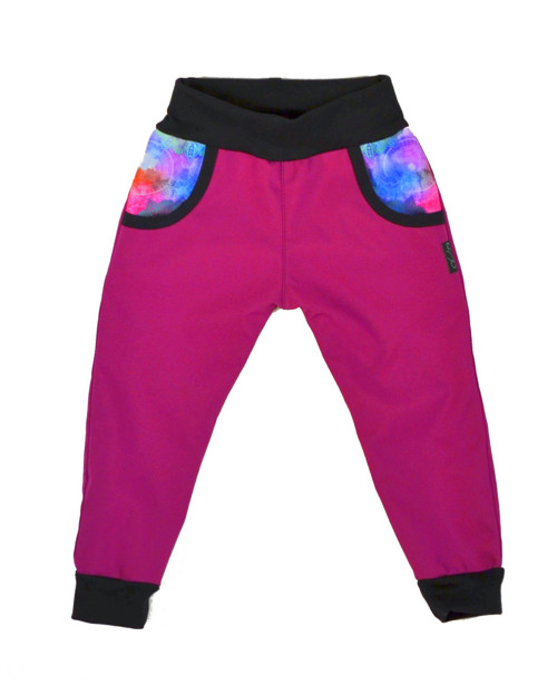 Dětské kalhoty softshellové fuchsie/duhové mandaly