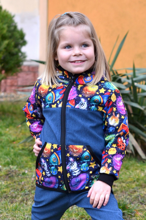 Dětská bunda - softshell -modrá žíh./vesmírné příš — foto 1