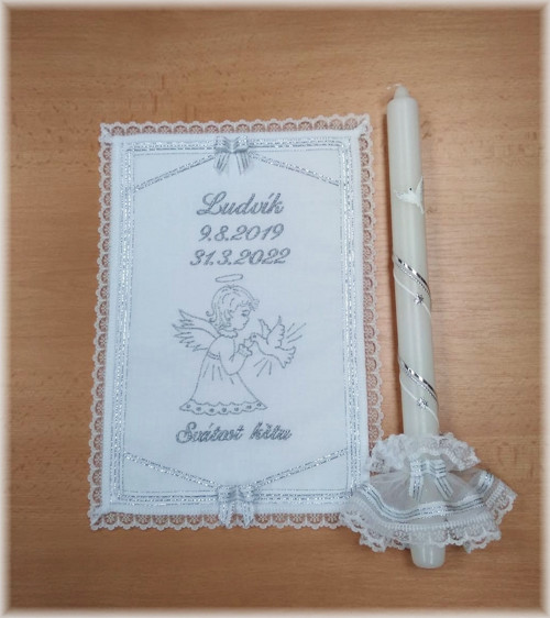 Křestní sada LUXUS stříbrná- rouška, svíce, ozdoba