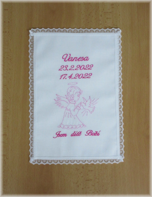 Křestní rouška s krajkou růžová
