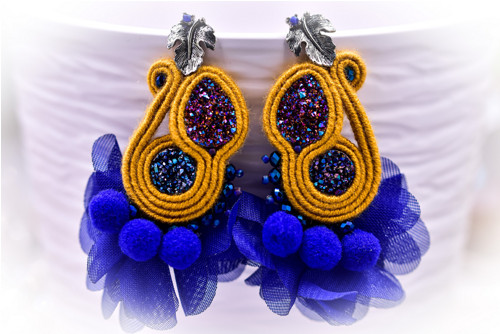 Soutache náušnice napichovačky žluto-modré strapce